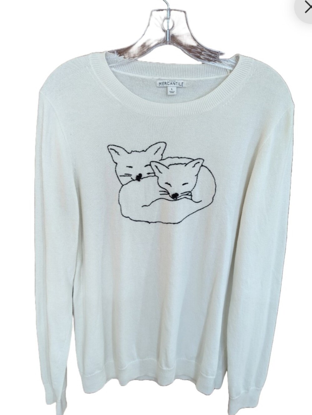 J. Crew Mercantile Sweater Ivory Crewneck  Embroidered Cuddling Foxes Sz L *NWOT